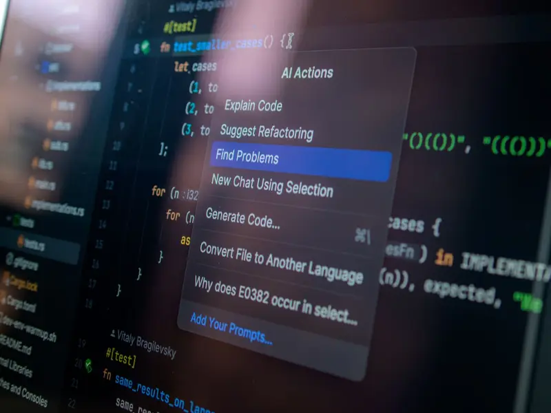 A code editor with a menu of AI actions open, including explain code and find problems