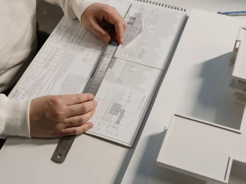 Hands drafting a building plan with a metal ruler, beside a white architectural model