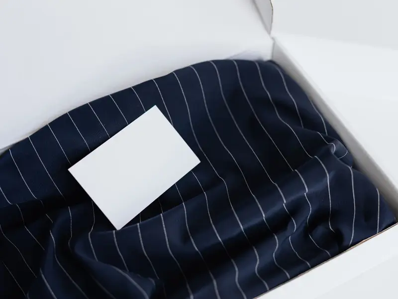 A blank business card resting on striped fabric inside an open gift box