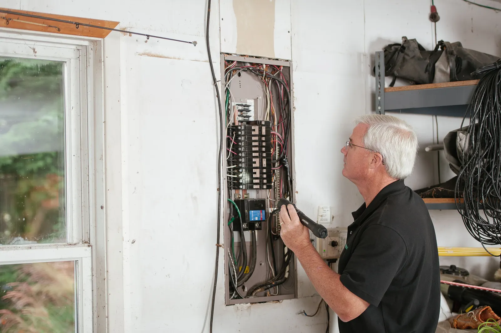 An electrician examining the breakers in a fuse box on the wall of a house.