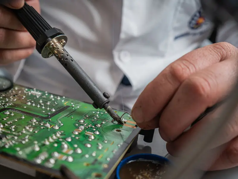 A technician holding a soldering iron to a green circuit board during a repair