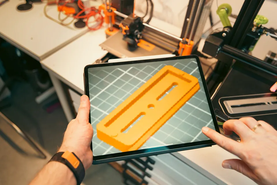 Hands holding a tablet that shows a model of a part, in a workshop full of 3D printers.