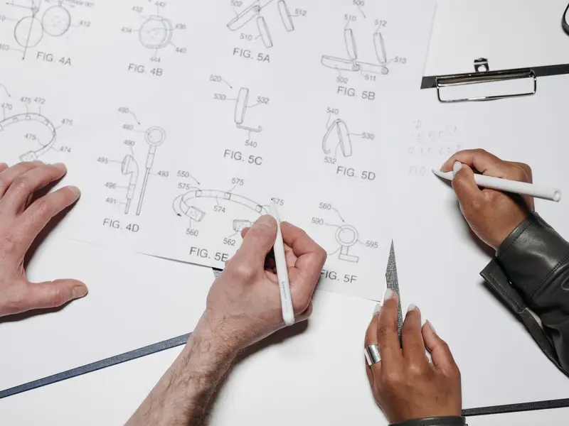 Two people drawing numbered technical sketches of a product's parts on white paper