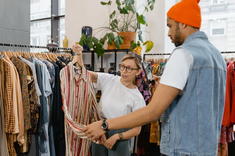 A shop assistant holding up a shirt for a customer to consider in a clothing store.