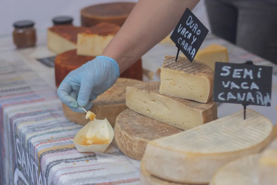 A stallholder in a glove offering a taste of cheese at a market stall.