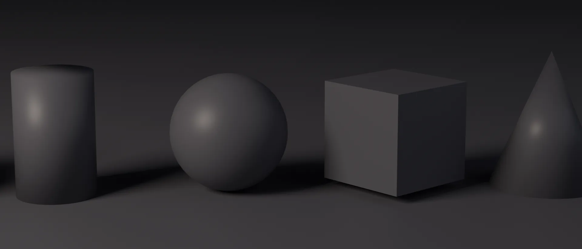 Six dissimilar forms — a block, a rod, a sphere, a turned cube, a cone and a ring — standing in a row on an unlit floor under a single light.