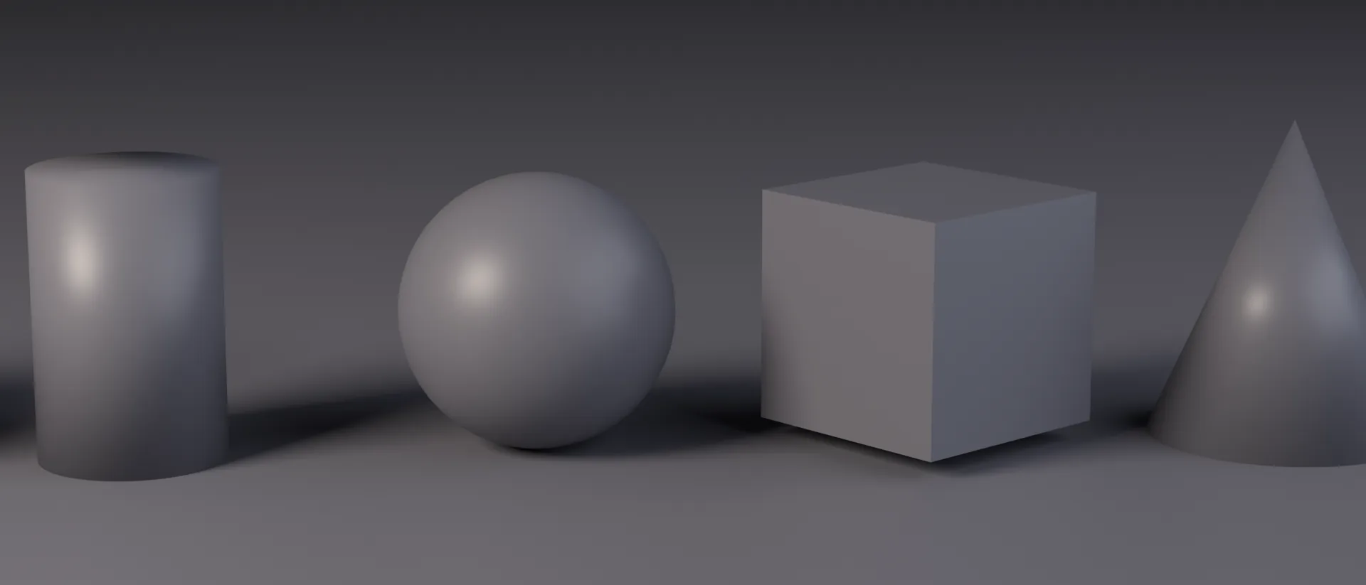 Six dissimilar forms — a block, a rod, a sphere, a turned cube, a cone and a ring — standing in a row on an unlit floor under a single light.