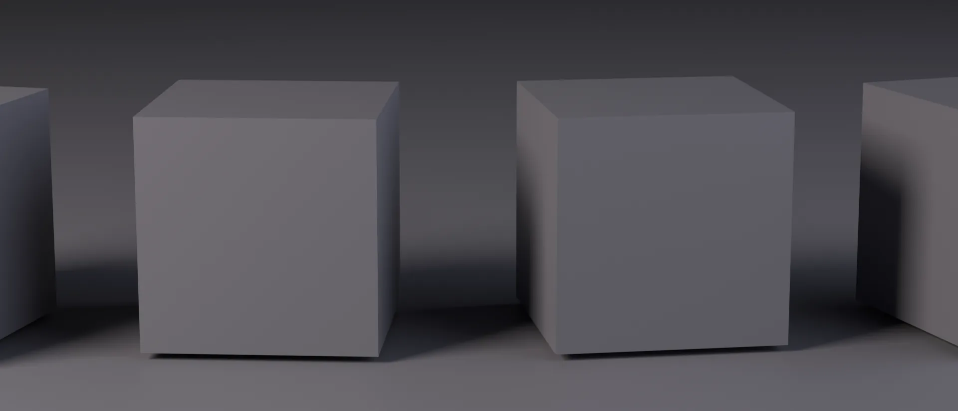 Four separate closed volumes standing apart on an unlit floor, none of them touching, one glowing faintly from inside.